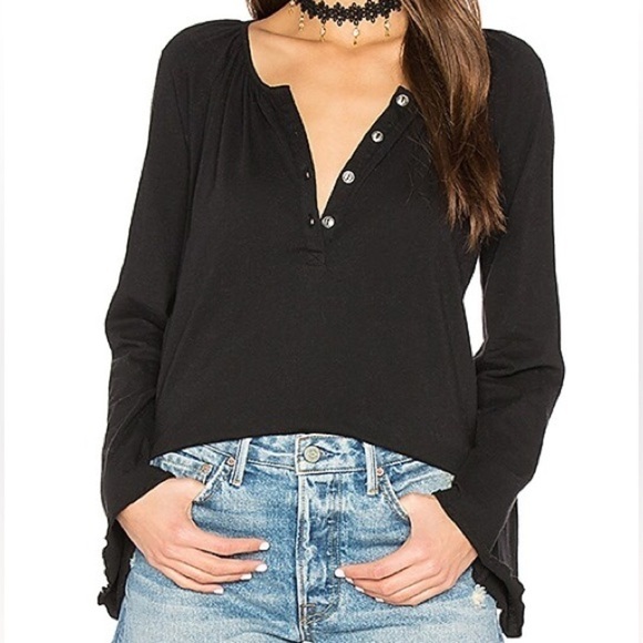 CHASER Bell Sleeve Shirred Henley in Black | Size Large - Picture 1 of 15